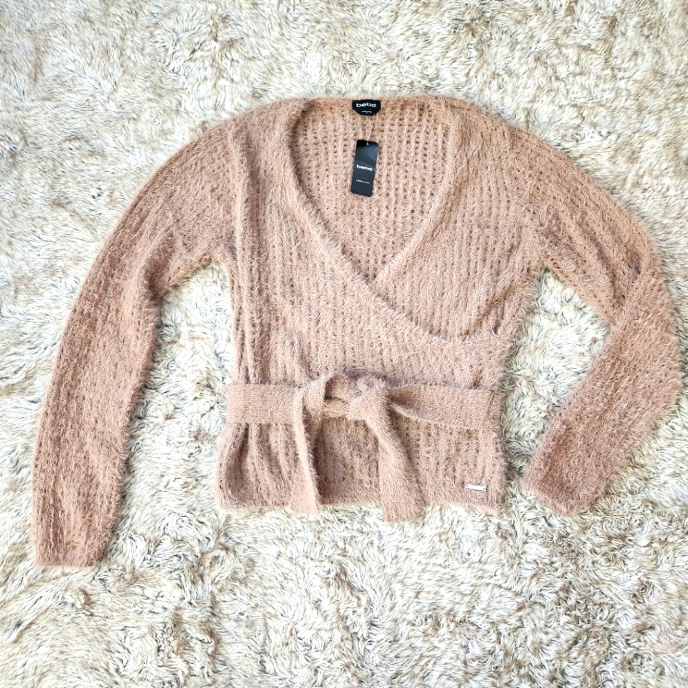 Bebe Soft Yarn Open Knit Surplice Sweater Top Beige Women's Size XL
